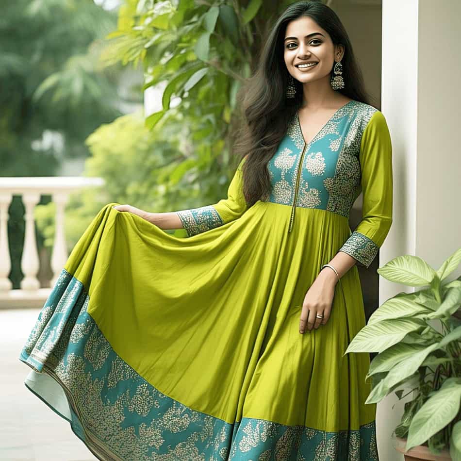 Woman in a green and blue cotton Anarkali dress, perfect for summer wear or festive day occasions.