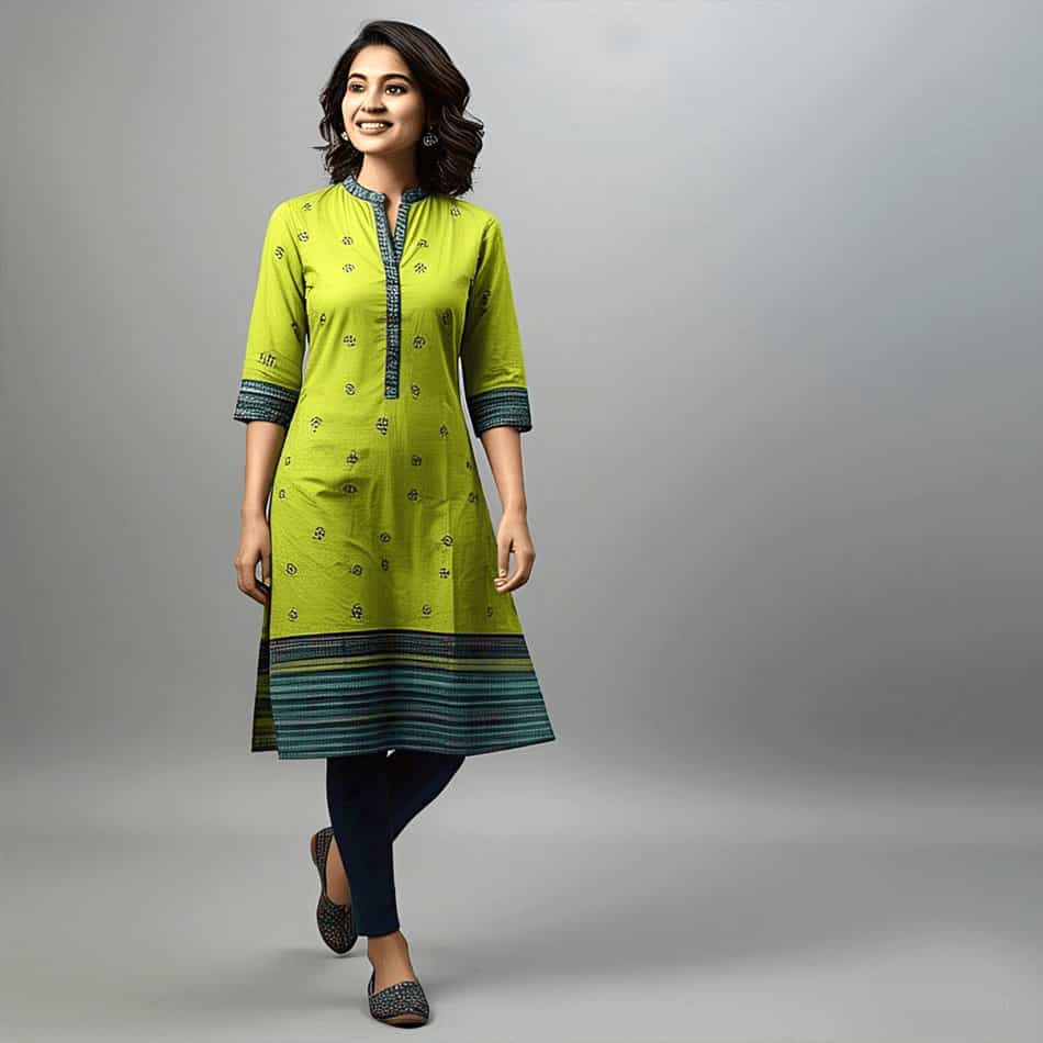 Woman wearing a lime green and navy printed cotton kurta, ideal for summer and everyday use.