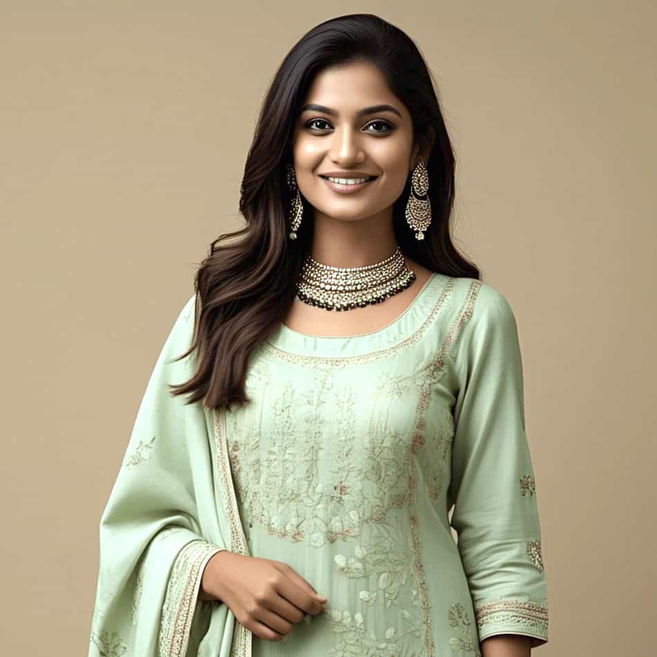 Woman in a pastel green embroidered suit with traditional jewelry, styled for festive or wedding occasions.