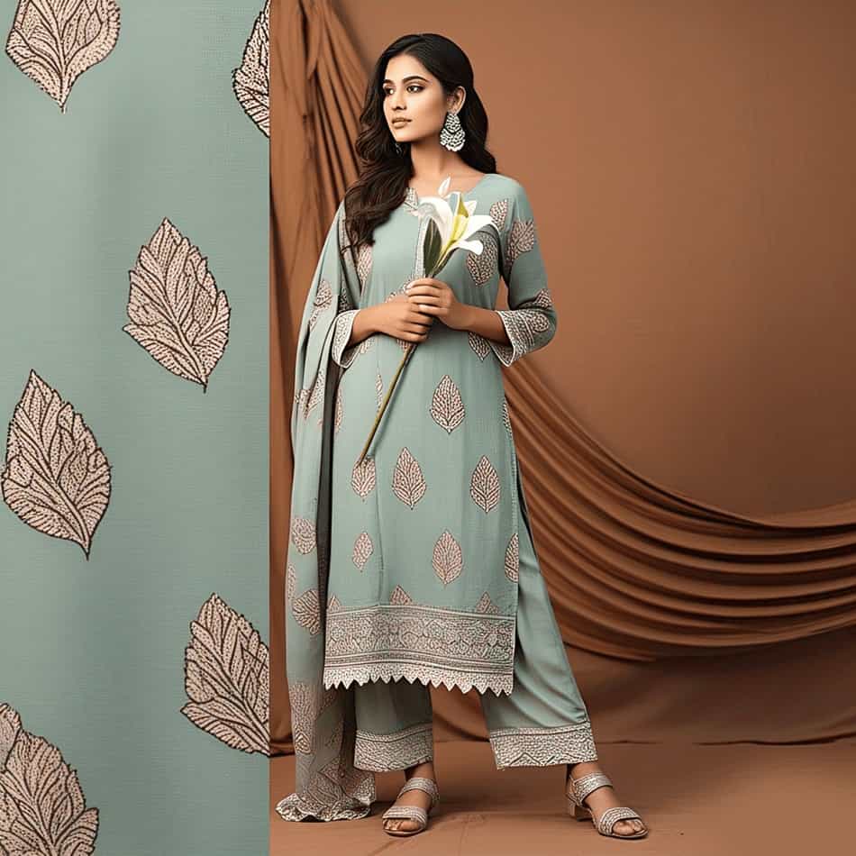 Woman wearing a pastel green ethnic suit with leaf prints, lace detailing, and straight pants; ideal for summer or daytime wear.