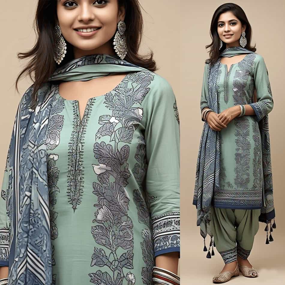 A woman wearing a sage green floral printed salwar kameez with embroidered borders, matching dupatta, and ethnic jewellery.